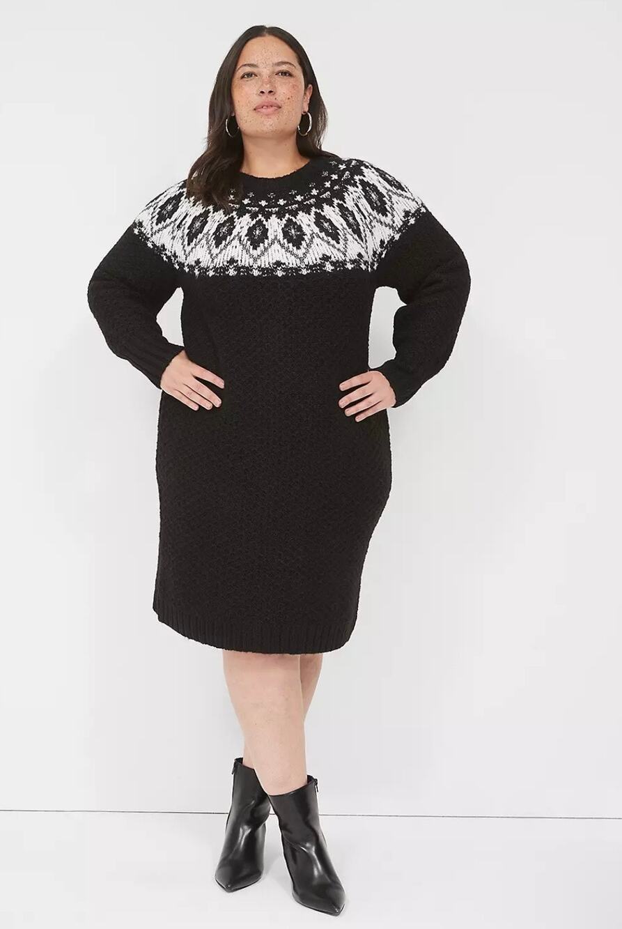 Lane Bryant Fair Isle Sweater Dress Mock Neck Sz 26/28 Lurex Knit Cozy Winter